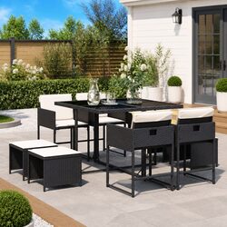 Outdoor Dining Set 9 Piece Garden Furniture Table Chairs Cushions Black Poly