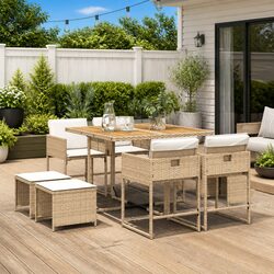 Garden Dining Set 9 Piece Outdoor Furniture with Cushions Beige Rattan Patio