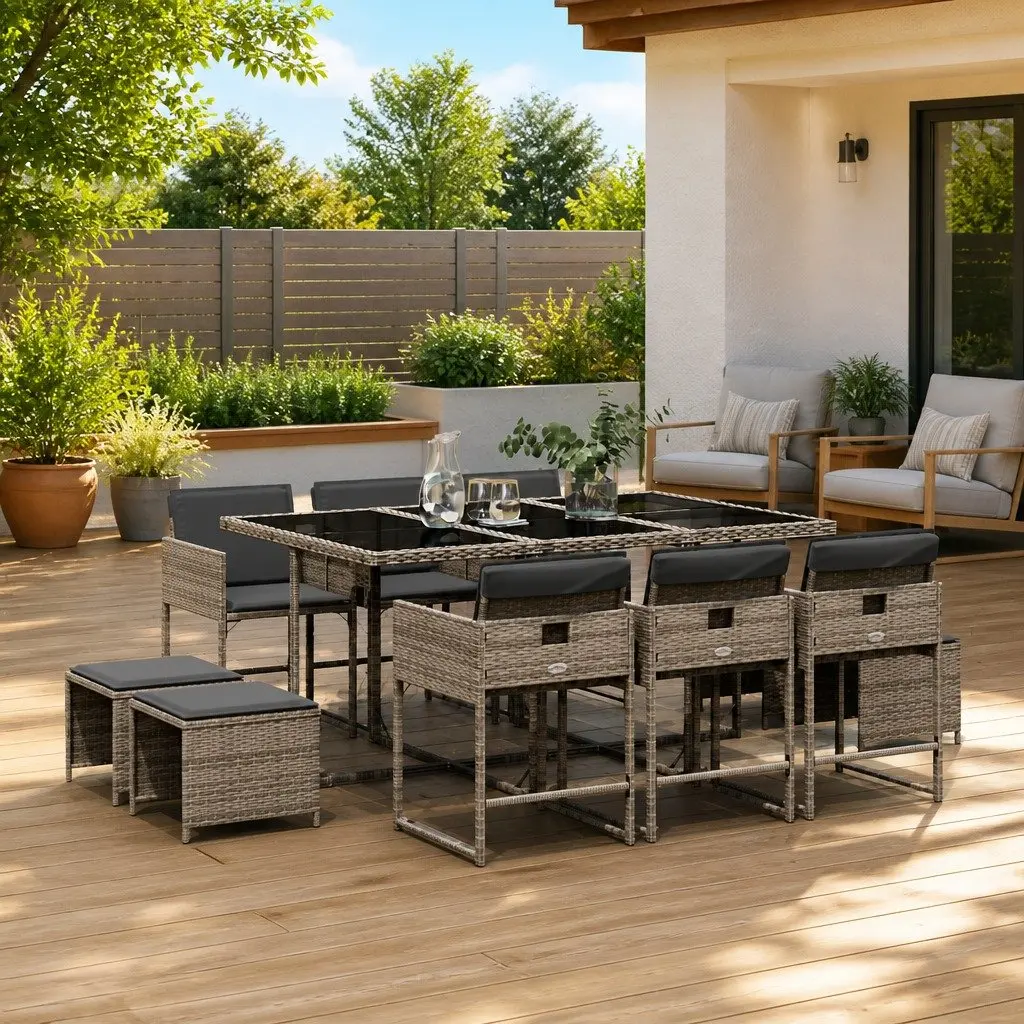 Outdoor Furniture Dining Set 11 Piece Grey PE Rattan Table with Cushions and Chairs