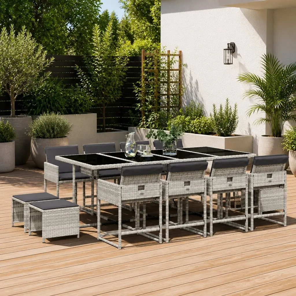 Outdoor Furniture Set 13 Piece Grey Poly Rattan Dining with Cushions for Patio Garden Al Fresco Relaxation