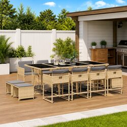 Garden Dining Set 13 Piece Outdoor Furniture Poly Rattan Chairs Table Beige