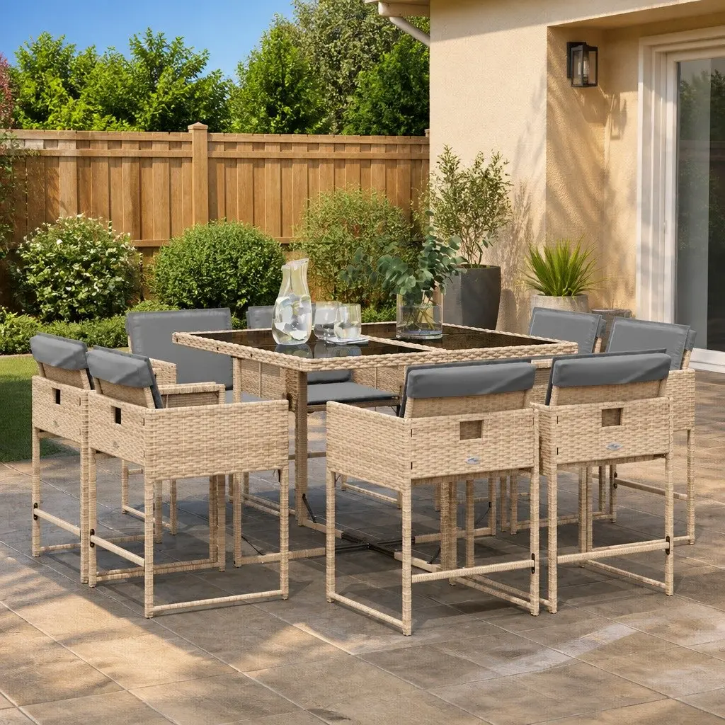 Outdoor Furniture Dining Set 9 Piece Table Chairs Cushions Beige Poly Rattan