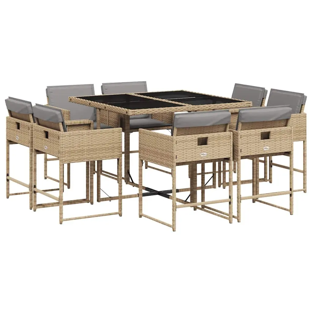 Outdoor Furniture Dining Set 9 Piece Table Chairs Cushions Beige Poly Rattan