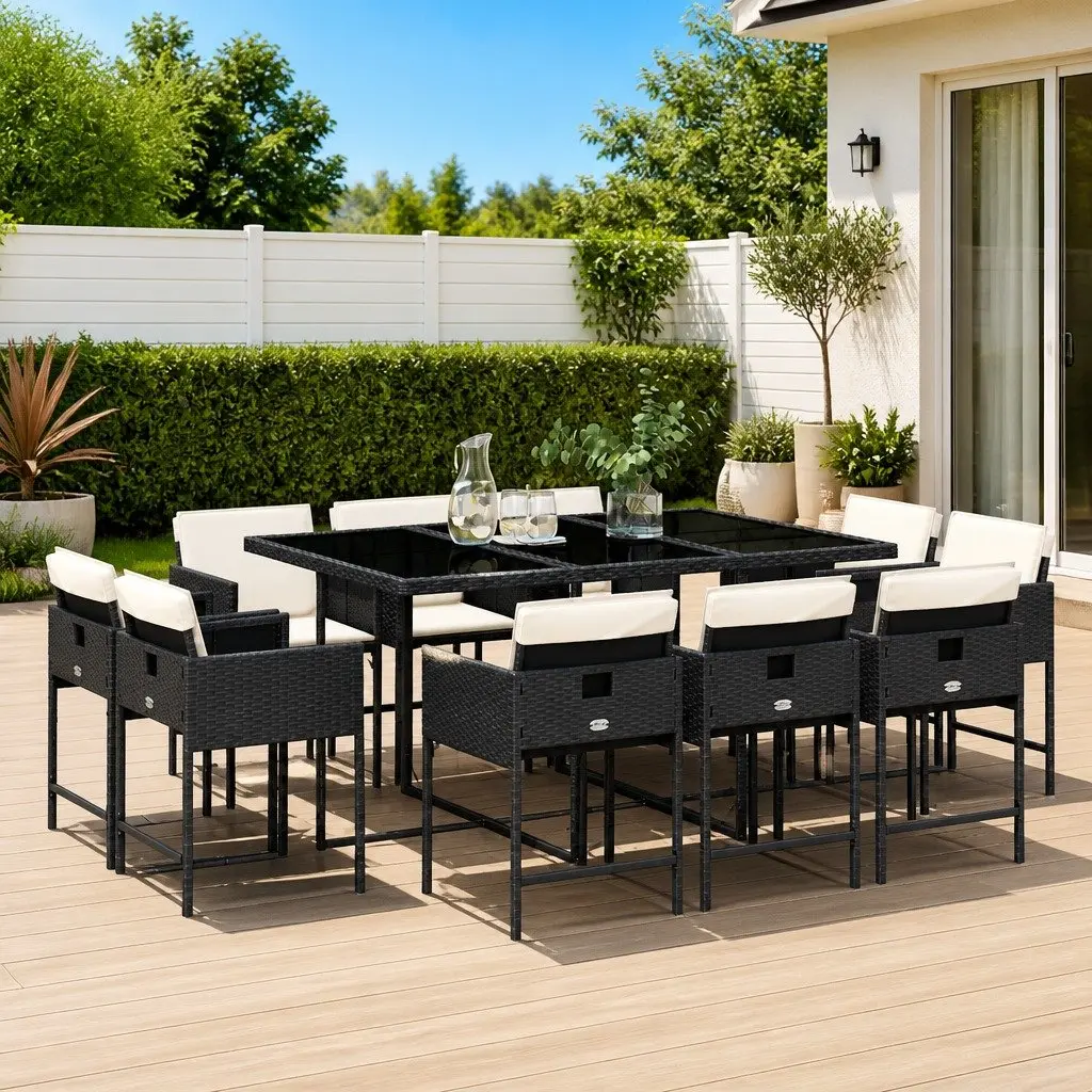Garden Dining Set 11 Pieces Black Rattan Chairs Table Cushions Outdoor Living