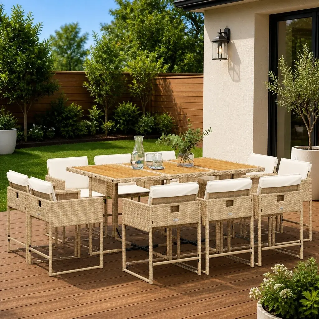 Outdoor Furniture Set Beige Poly Rattan 11 Piece Dining Table Chairs Garden Patio