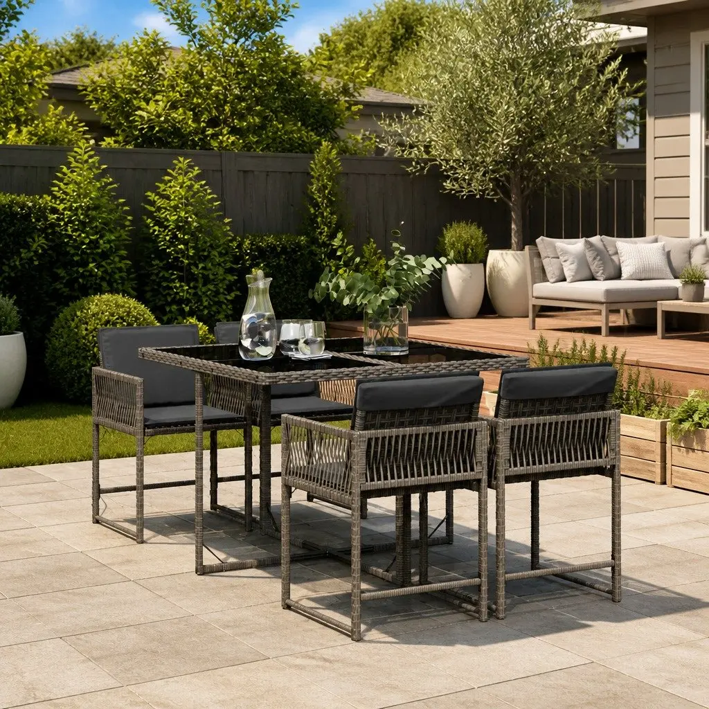 Outdoor Dining Set 5 Piece Grey Poly Rattan Patio Furniture with Cushions