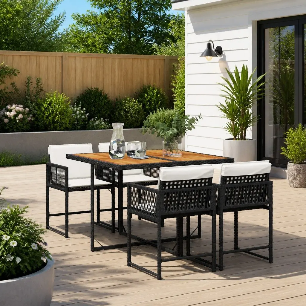Outdoor Furniture Dining Set 5 Piece Black PE Rattan with Cushions Acacia Wood Table