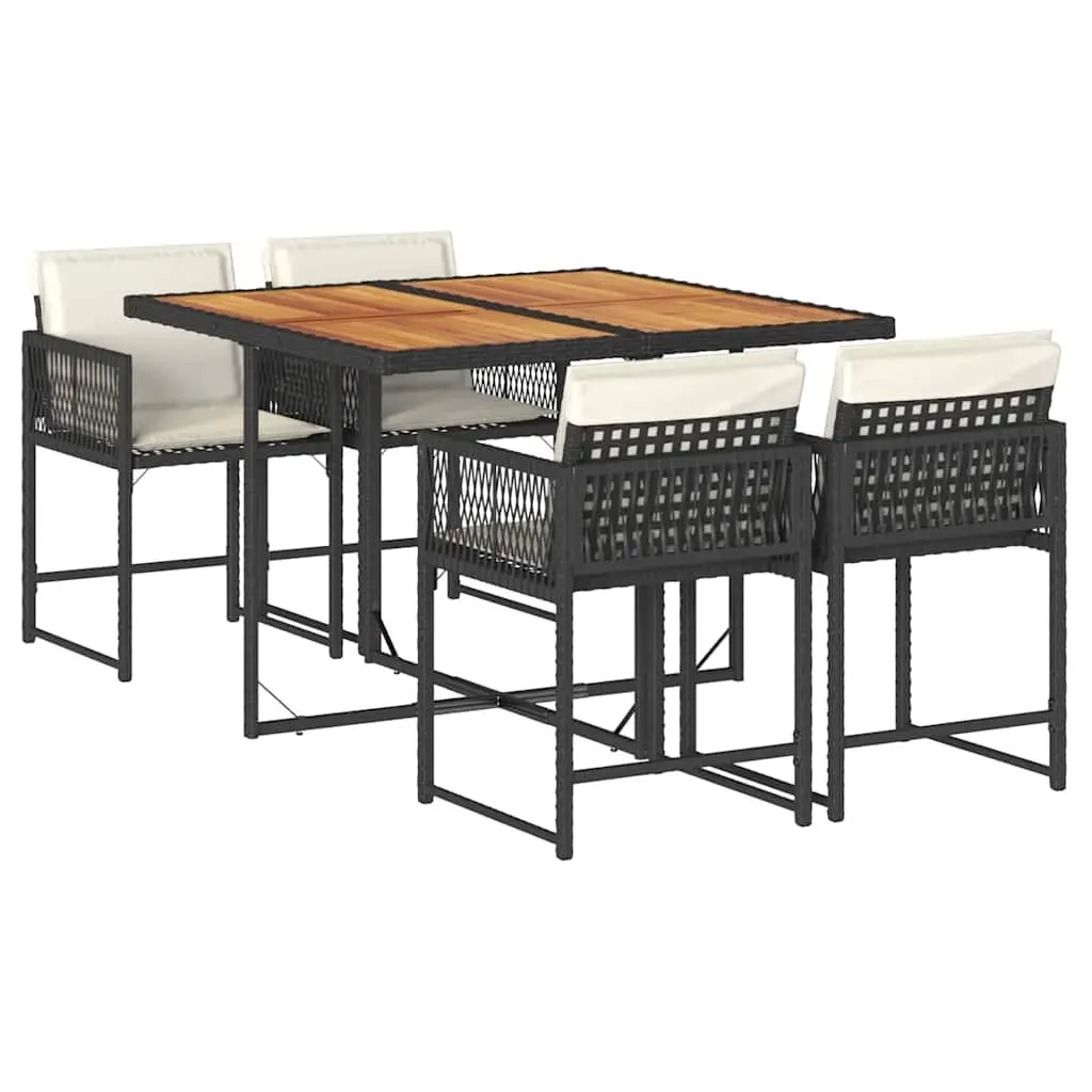 Outdoor Furniture Dining Set 5 Piece Black PE Rattan with Cushions Acacia Wood Table