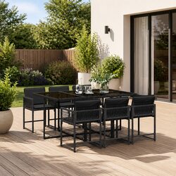 7 Piece Outdoor Garden Dining Set Black Poly Rattan Chairs Table Cushions