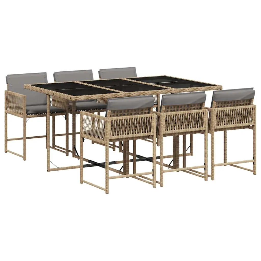 7 Piece Garden Dining Set Outdoor Patio Furniture Table with Tempered Glass Top and Beige Cushions