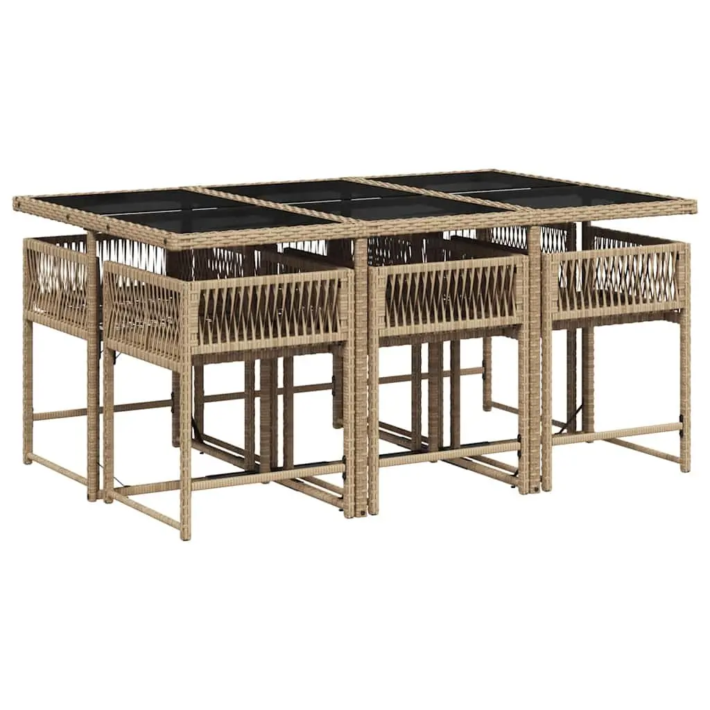 7 Piece Garden Dining Set Outdoor Patio Furniture Table with Tempered Glass Top and Beige Cushions