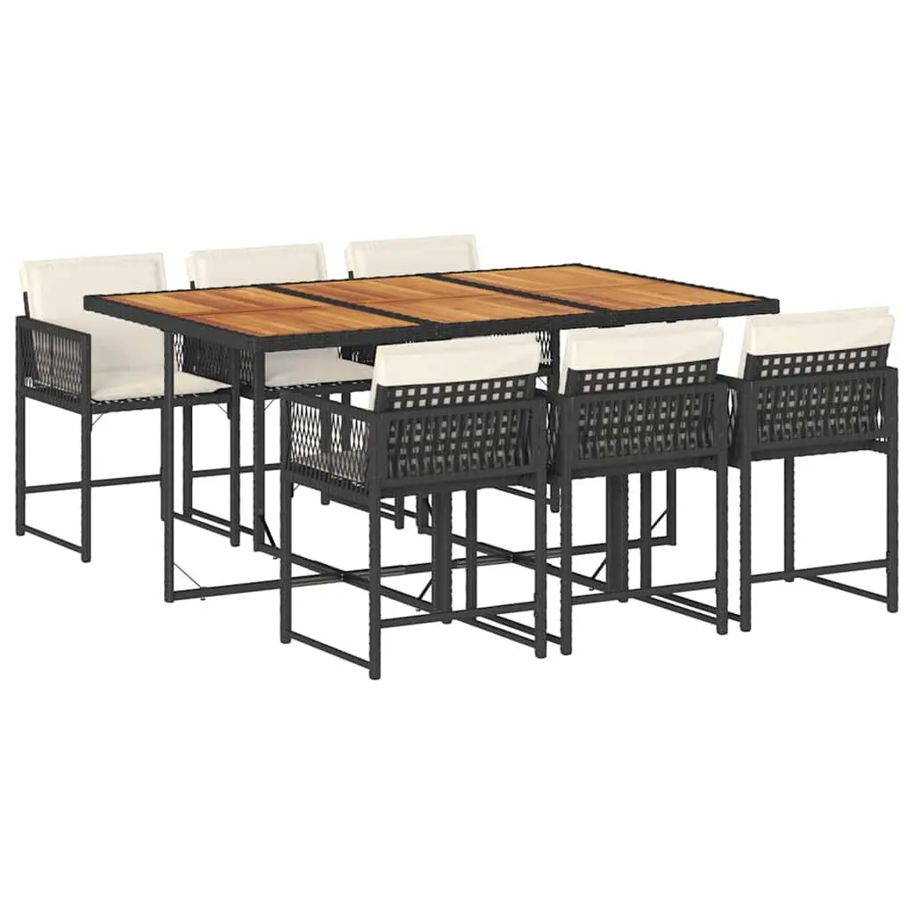 7 Piece Garden Dining Set Outdoor Furniture Table with Acacia Wood Top and Black Poly Rattan Chairs