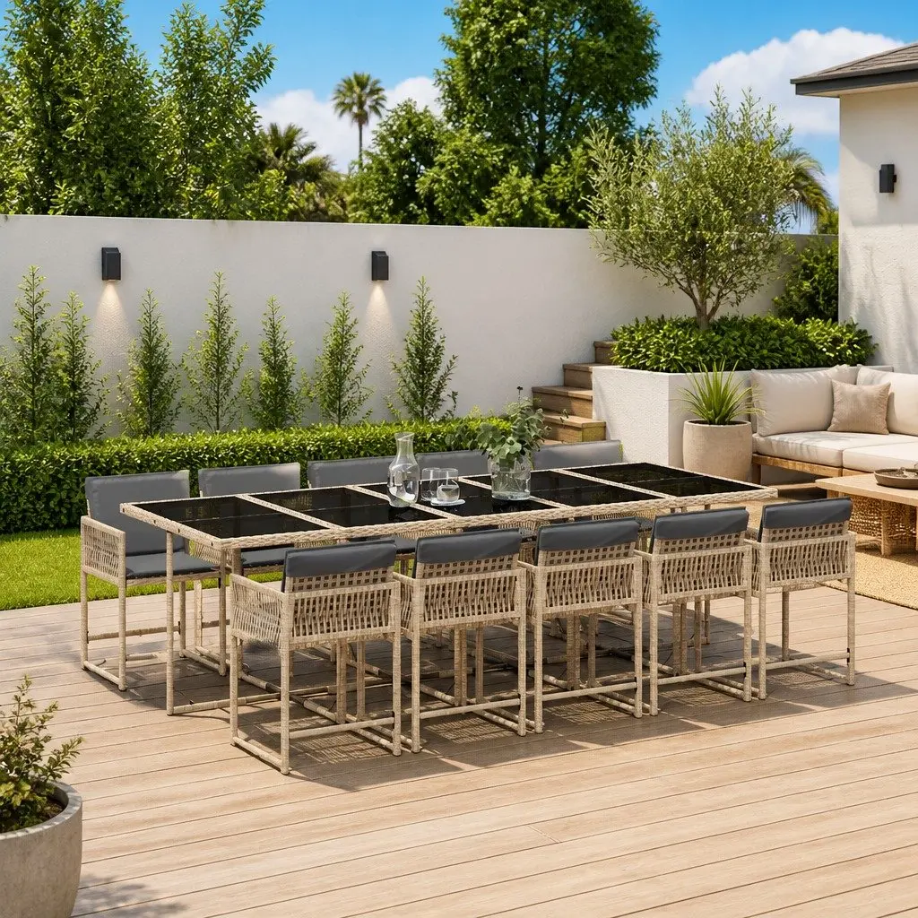Outdoor Furniture Dining Set 11 Piece PE Rattan Chairs Table Beige