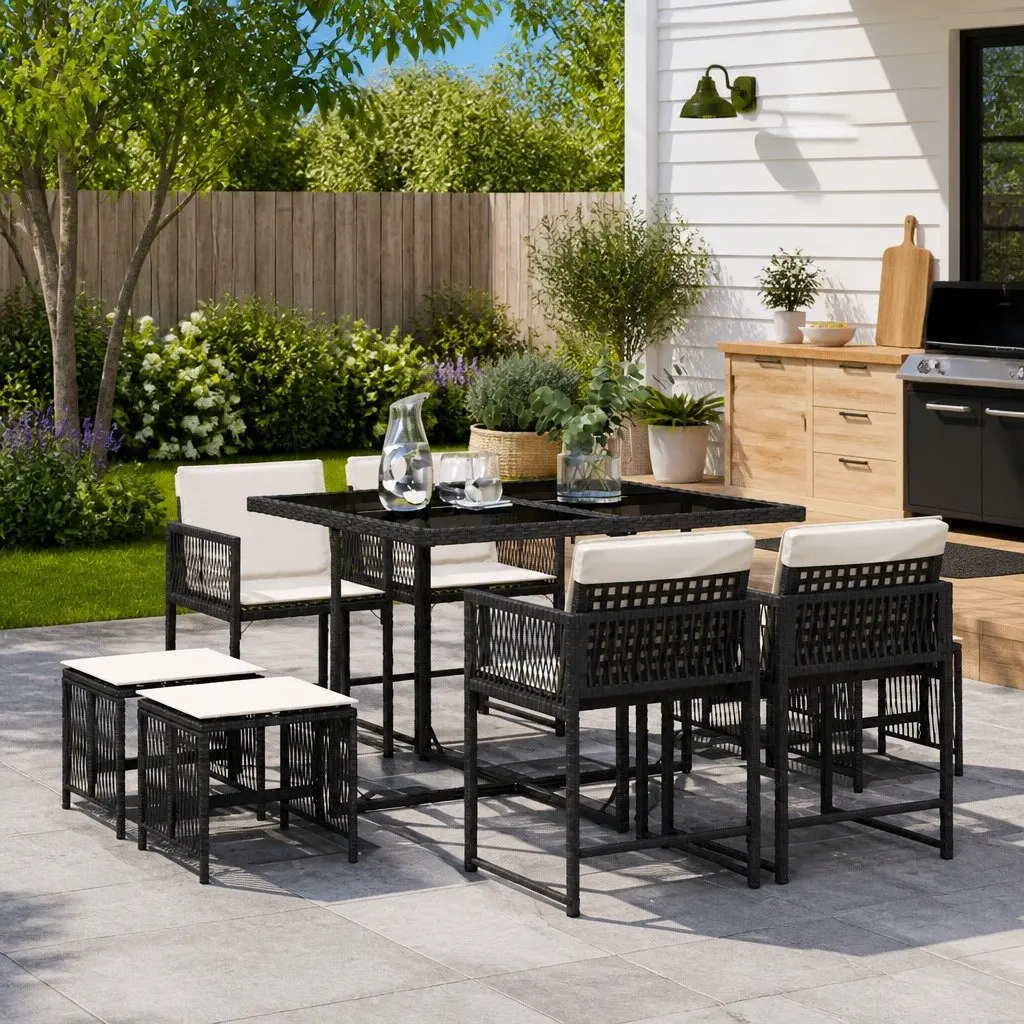 Garden Dining Set 9 Piece Outdoor Al Fresco Black PE Rattan Chairs Table with Cushions