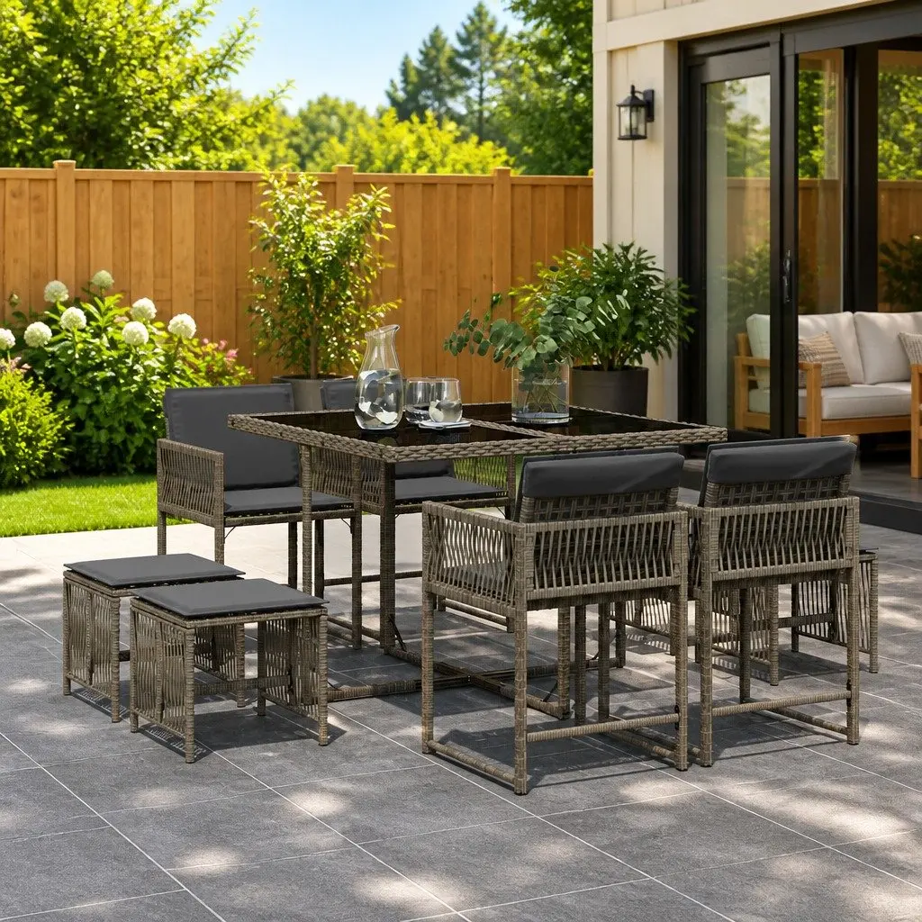 Garden Dining Set 9 Piece Outdoor Furniture Grey Poly Rattan Chairs Table