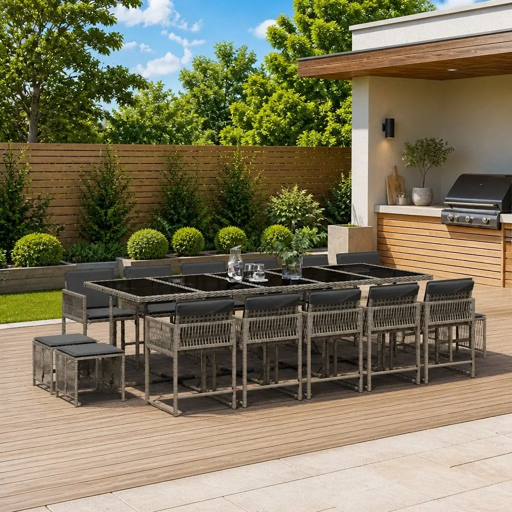 Garden Dining Set 15 Piece Outdoor Furniture Grey PE Rattan Cushioned for Patio Backyard