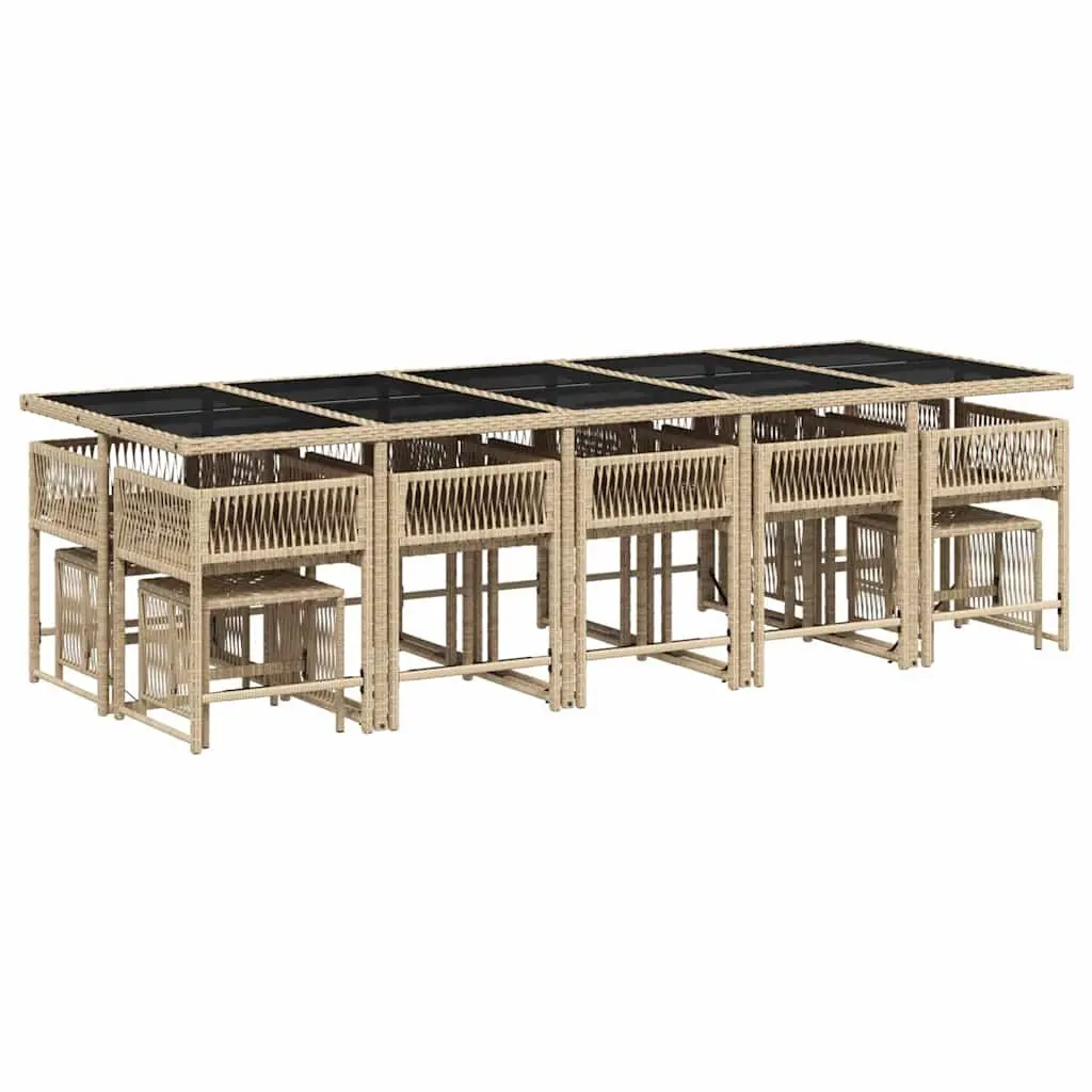 Outdoor Furniture Dining Set 15 Piece Beige Poly Rattan Cushions Glass Table