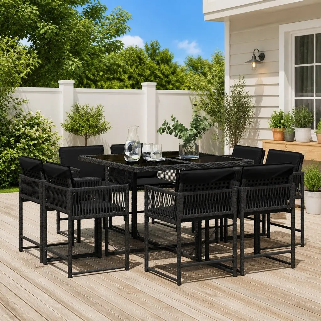 9 Piece Outdoor Garden Dining Set with Cushions Black Poly Rattan