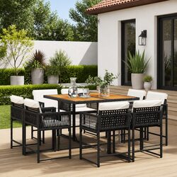 Garden Dining Set 9 Piece Outdoor Table Chairs with Cushions Black Poly Rattan
