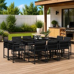 11 Piece Outdoor Dining Set with Cushions Black Poly Rattan Garden Patio