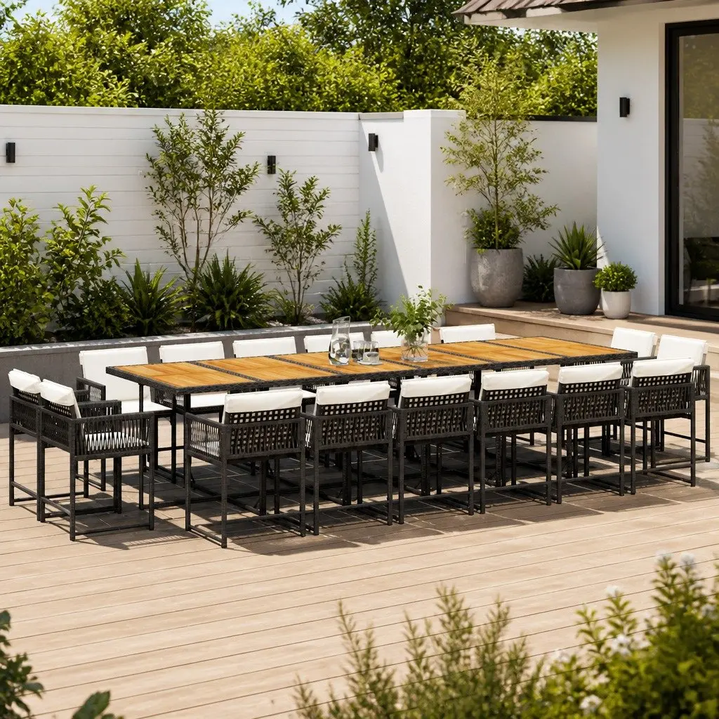 17 Piece Garden Dining Set Outdoor Dining Table Acacia Wood Top Black Poly Rattan Chairs with Cushions