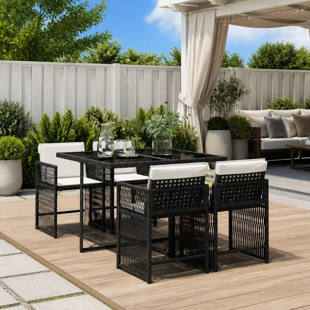 5 Piece Outdoor Dining Set Black Poly Rattan Chairs Table Cushions