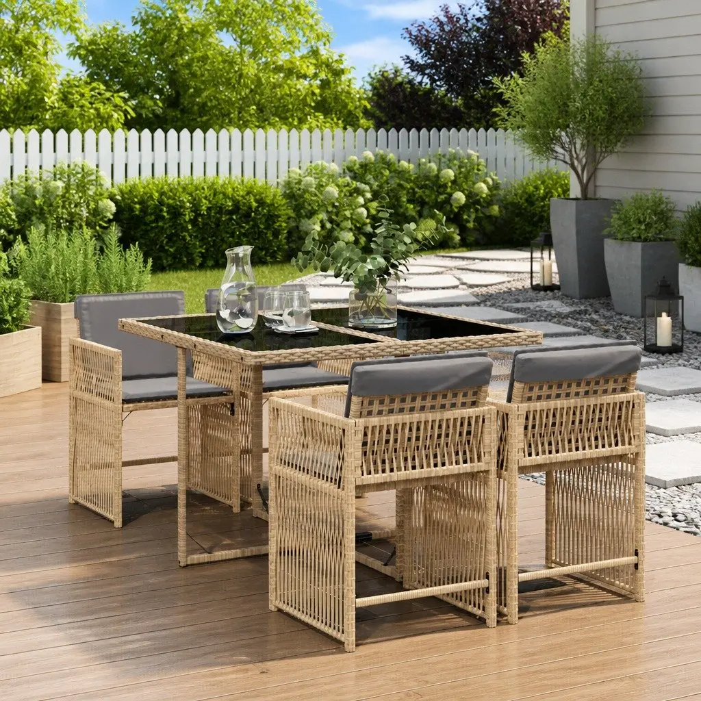 5 Piece Garden Dining Set Outdoor Furniture PE Rattan Chairs Tempered Glass Beige
