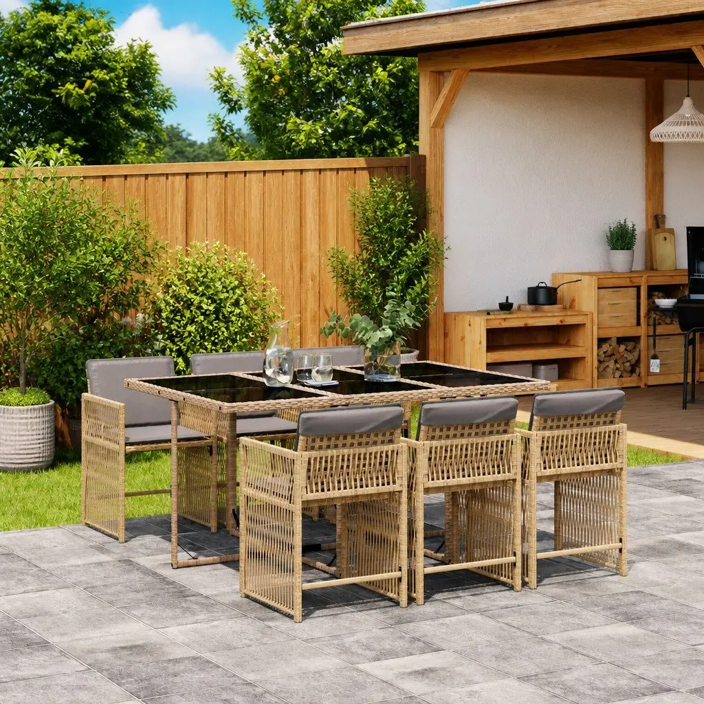 7 Piece Outdoor Garden Dining Set PE Poly Rattan Chairs Table with Cushions Beige
