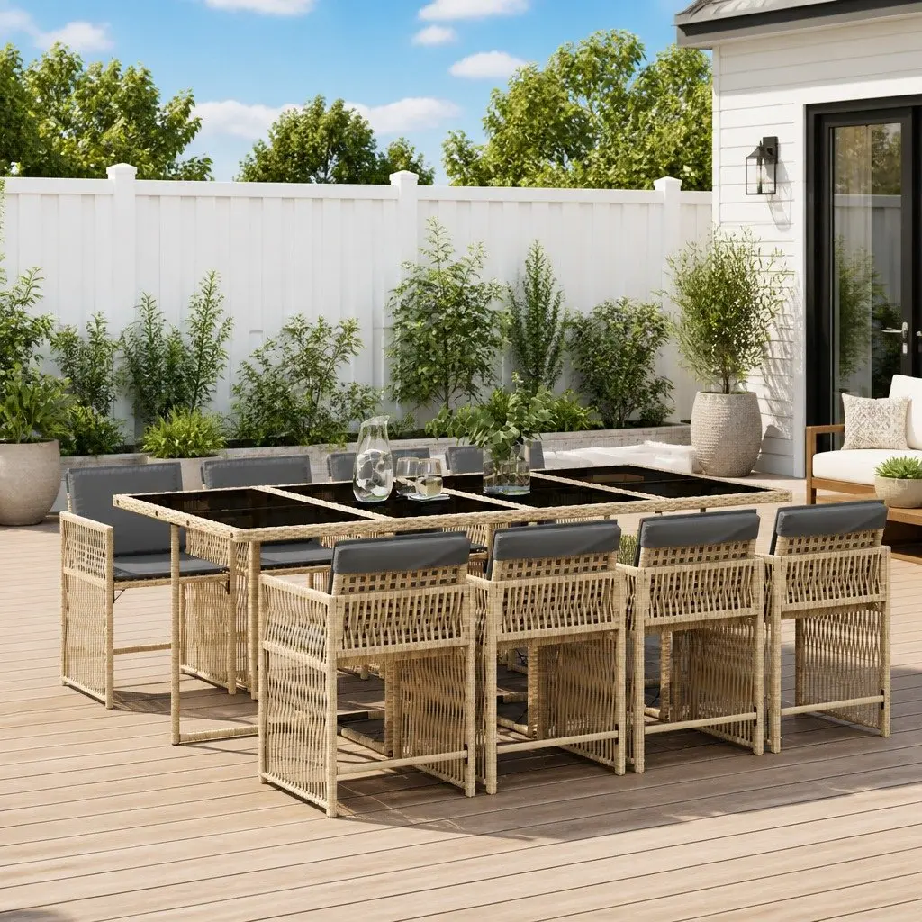 9 Piece Outdoor Dining Set Garden Patio Furniture Beige Poly Rattan