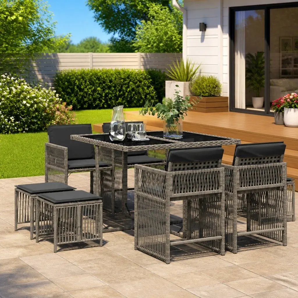 Outdoor Garden Dining Set 9 Piece Al Fresco Dining Grey Poly Rattan Furniture