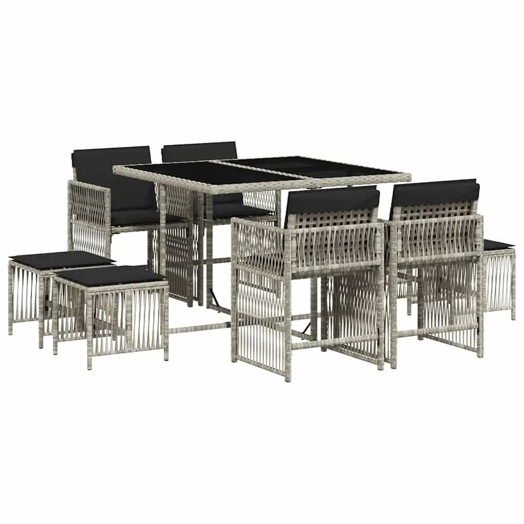 Outdoor Furniture Set 9 Piece Grey Poly Rattan Dining Table Chairs Cushions Glass