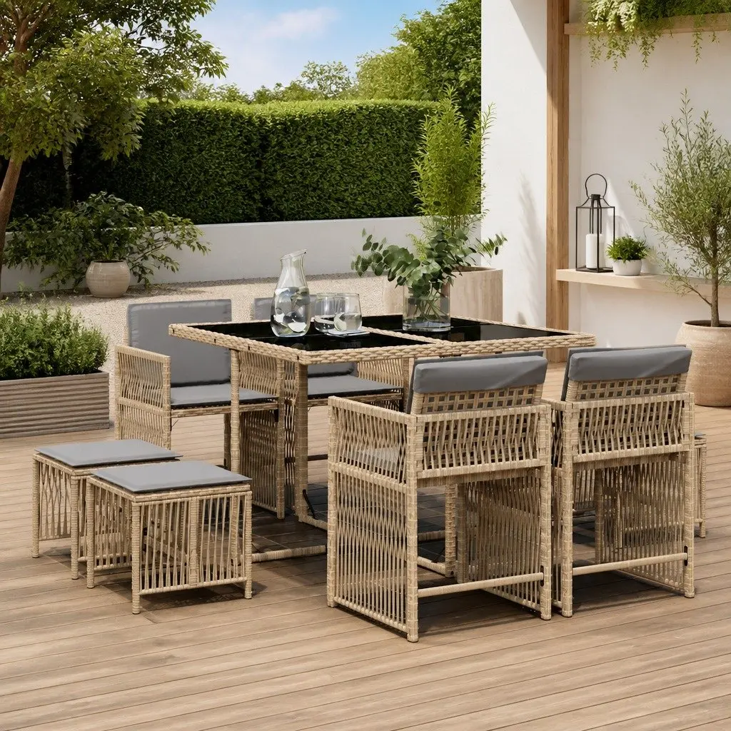 OutdoorFurnitureGardenDiningSetBeigePolyRattanCushions9Piece