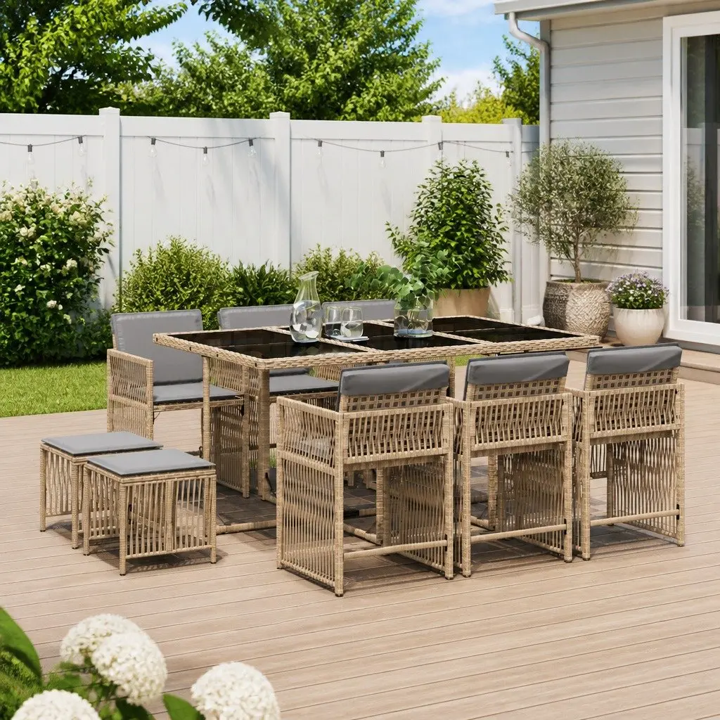 11 Piece Garden Dining Set Outdoor Furniture Beige Poly Rattan Cushions Glass Top Table