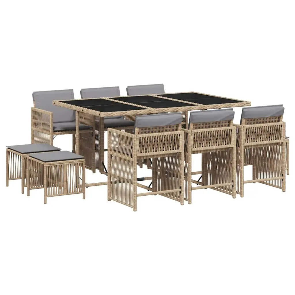 11 Piece Garden Dining Set Outdoor Furniture Beige Poly Rattan Cushions Glass Top Table
