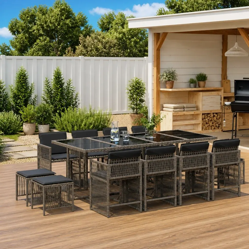 Garden Dining Set 13 Piece Outdoor Furniture Al Fresco Dining Grey Poly Rattan Chairs Table Cushions