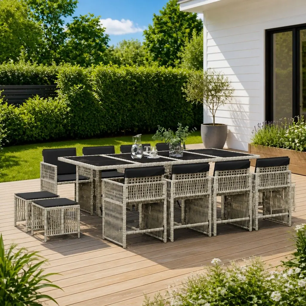 Outdoor Dining Set 13 Piece Garden Furniture Grey Rattan Chairs and Table