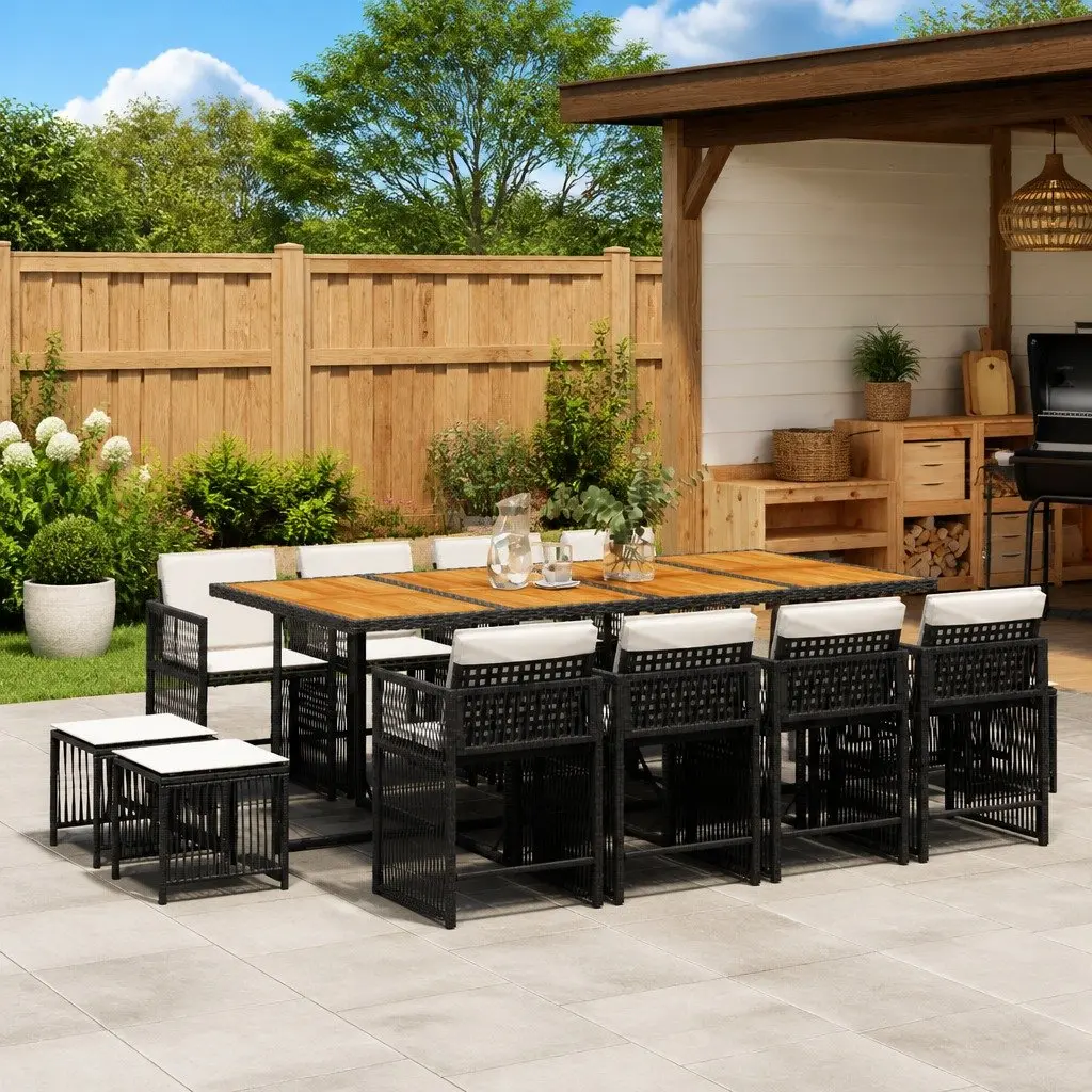 Outdoor Dining Set 13 Piece Garden Furniture Black PE Rattan with Acacia Wood Tabletop and Cushions
