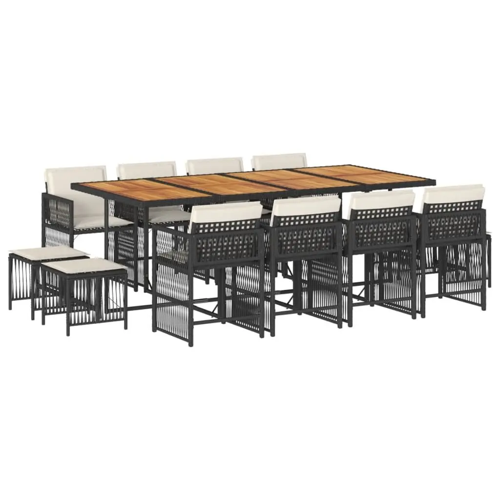 Outdoor Dining Set 13 Piece Garden Furniture Black PE Rattan with Acacia Wood Tabletop and Cushions