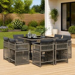 Garden Dining Set 9 Piece Outdoor Furniture Grey Poly Rattan Chairs Table