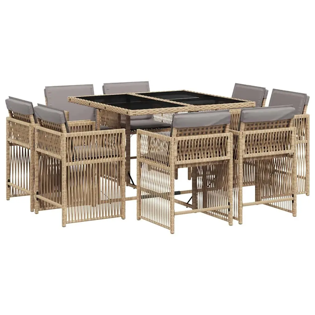 Outdoor Patio Dining Set 9 Piece Beige Poly Rattan Chairs Table with Cushions