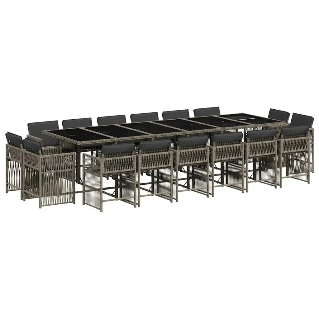 Garden Dining Set 17 Piece Outdoor Furniture Grey Poly Rattan Patio with Folding Chairs and Tempered Glass Table