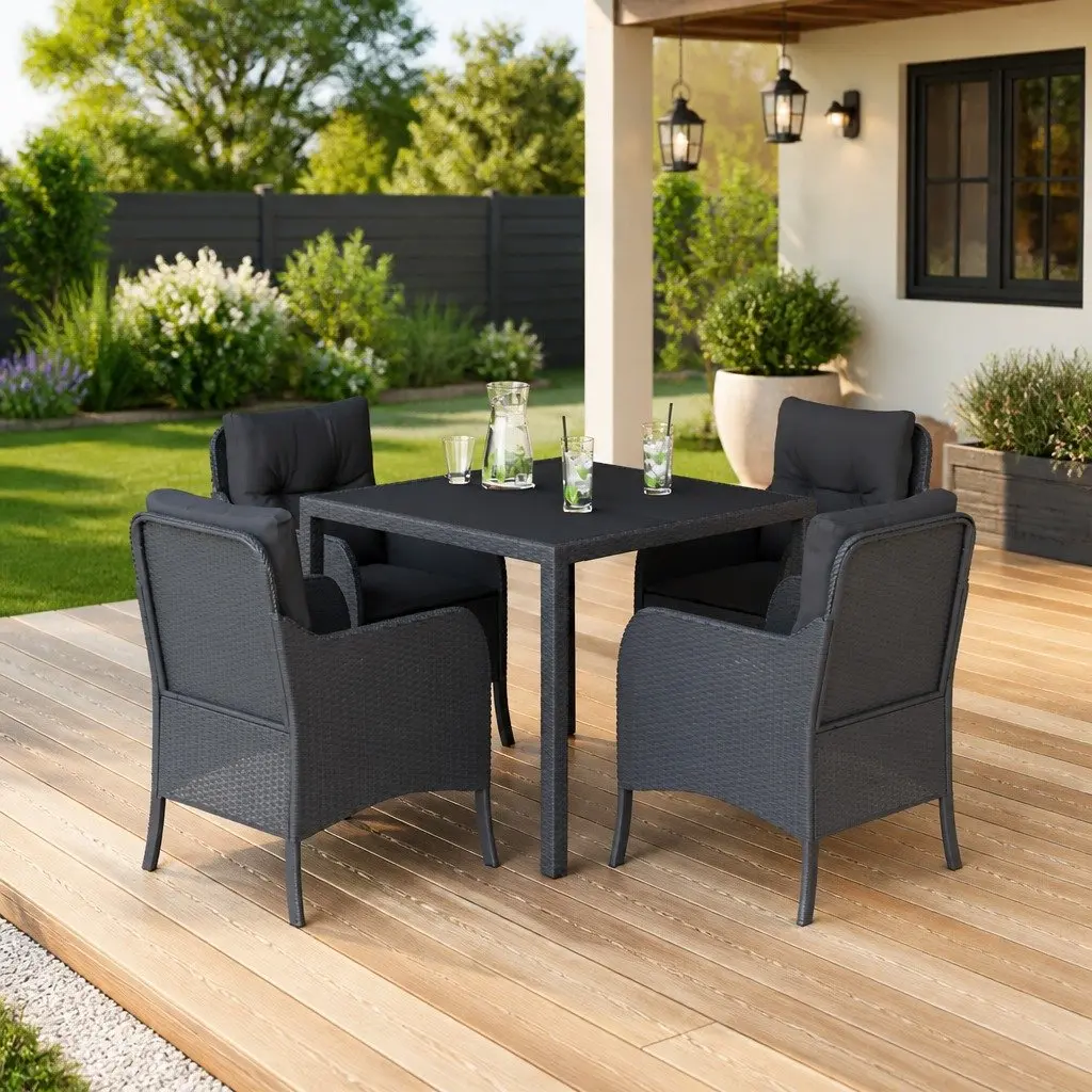 Outdoor Dining Set 5 Piece Garden Furniture Black PE Rattan with Cushions