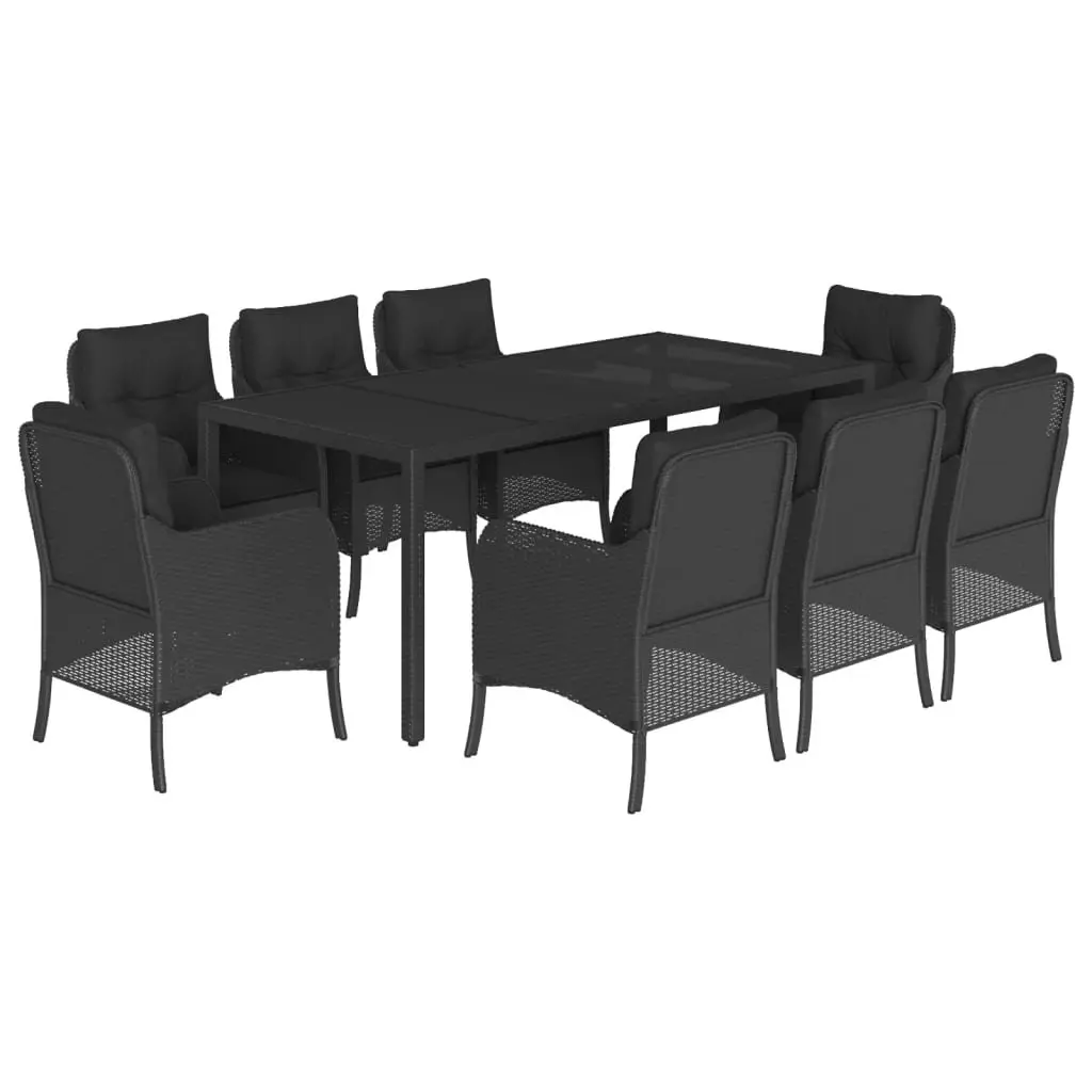 9 Piece Outdoor Dining Set Black Poly Rattan Patio Furniture with Cushions