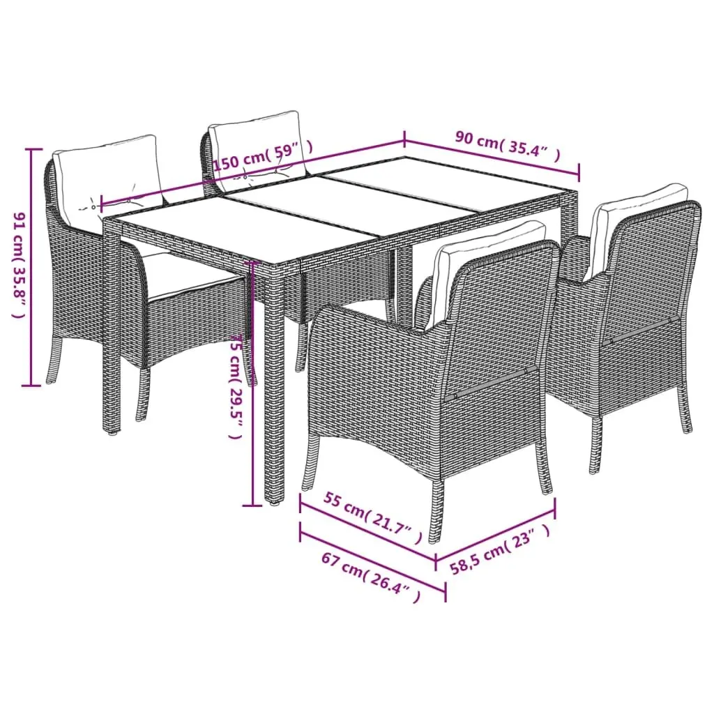 Outdoor Garden Dining Set 5 Piece Grey Poly Rattan Patio Furniture with Cushions
