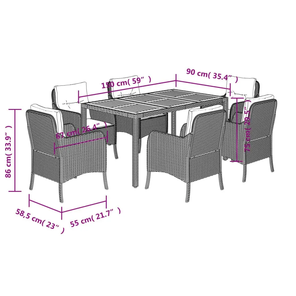 Garden Dining Set 7 Piece Outdoor Use Grey Poly Rattan Table and Chairs with Cushions