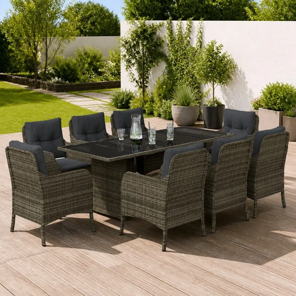 Outdoor Dining Set 9 Piece Garden Furniture Grey Poly Rattan Patio Chairs Table