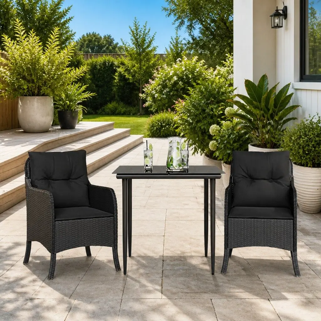 Outdoor Dining Set Garden Furniture 3 Piece Black Poly Rattan with Cushions