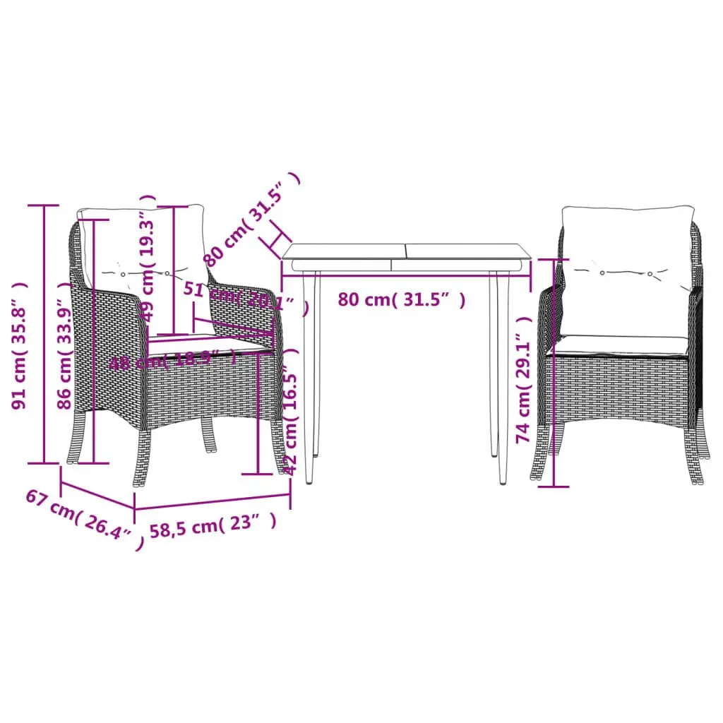 Garden Dining Set 3 Piece Outdoor Furniture Grey PE Rattan with Cushions