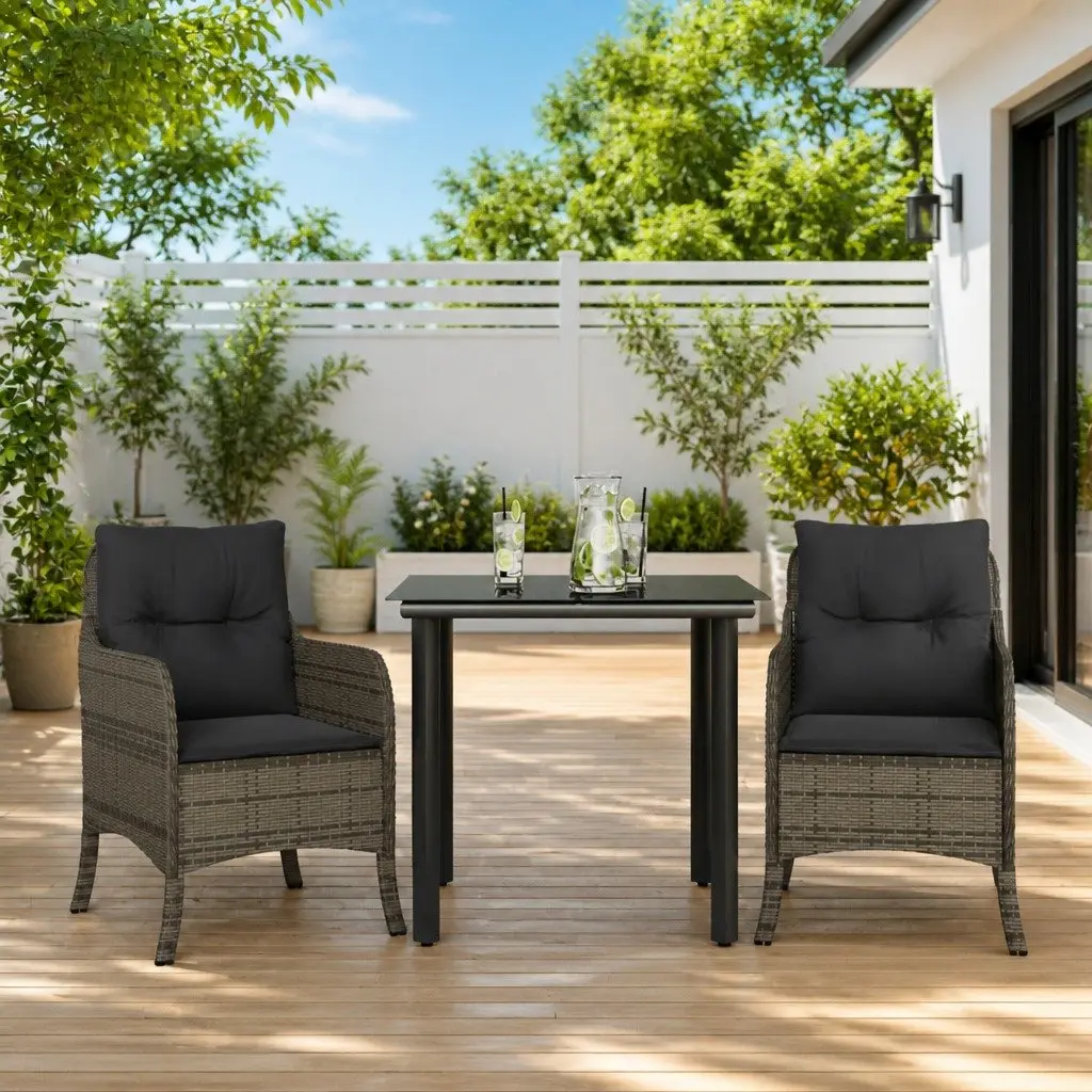 Outdoor Dining Set Garden Furniture 3 Piece Grey Poly Rattan Table Chairs