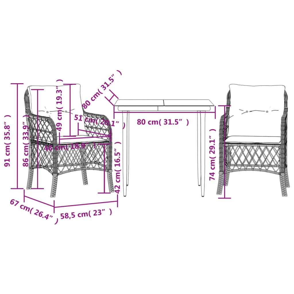 Outdoor Bistro Set 3 Piece Garden Furniture Black PE Rattan with Cushions